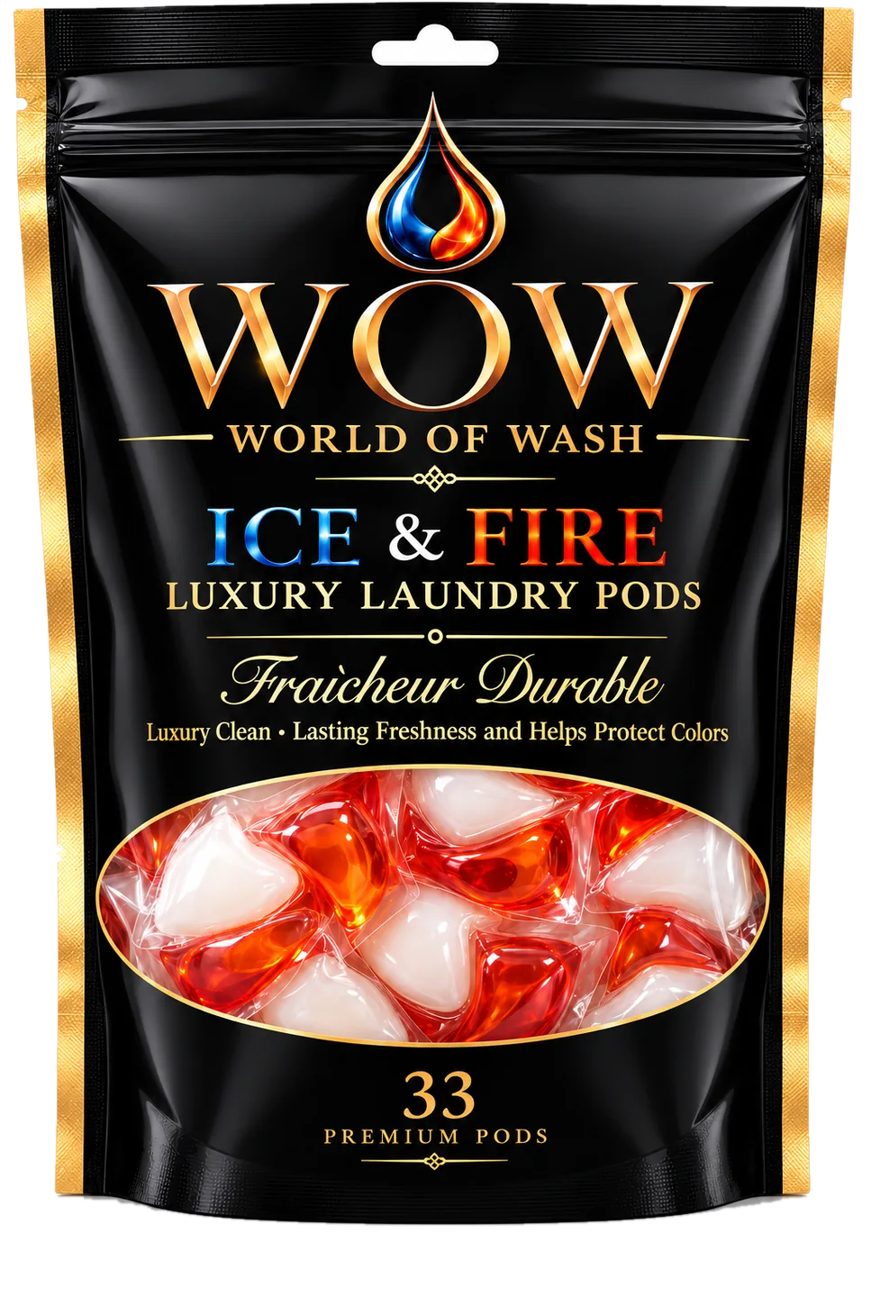WOW World of Wash Ice and Fire luxury laundry pods, black and gold 33-count pouch